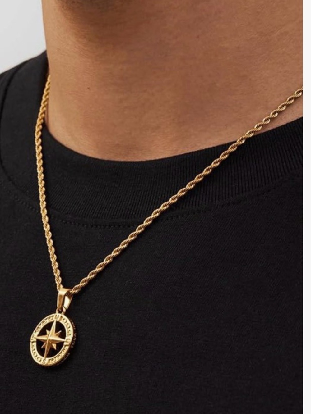 Gold Compass Pendant Rope Chain Necklace - Men's Jewelry